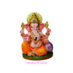6.75 inch Lord Ganesha idol with golden crown, orange dhoti, purple cushion detail, seated on green base with intricate ornaments