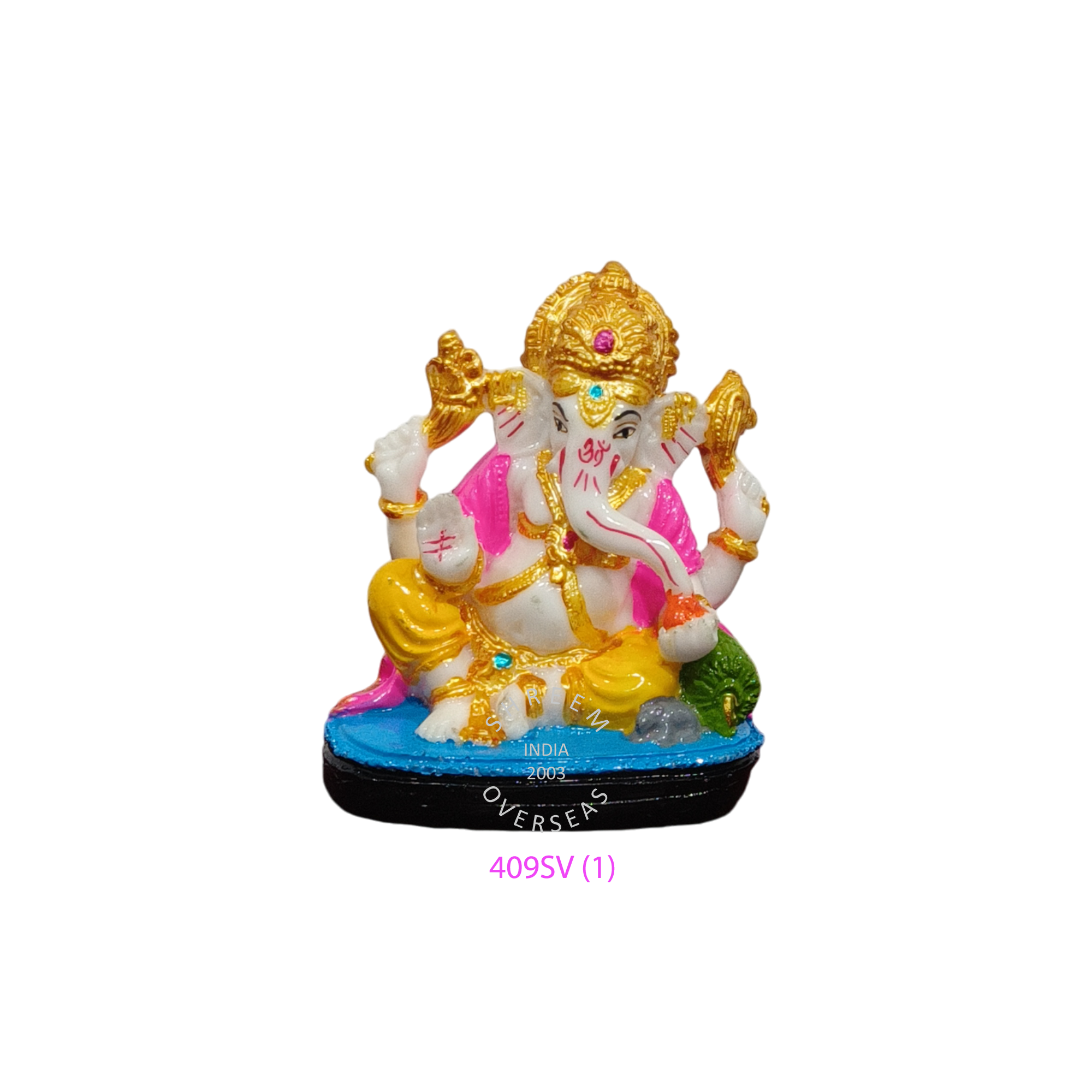 409 SV(1) 4 inch Lord Ganesha idol pink and yellow hand painted resin Hindu statue for wholesale export India model 409 SV