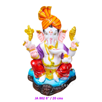 8-inch traditional orange and purple Ganesha idol wearing a pheta turban for wholesale export to Australia and Fiji