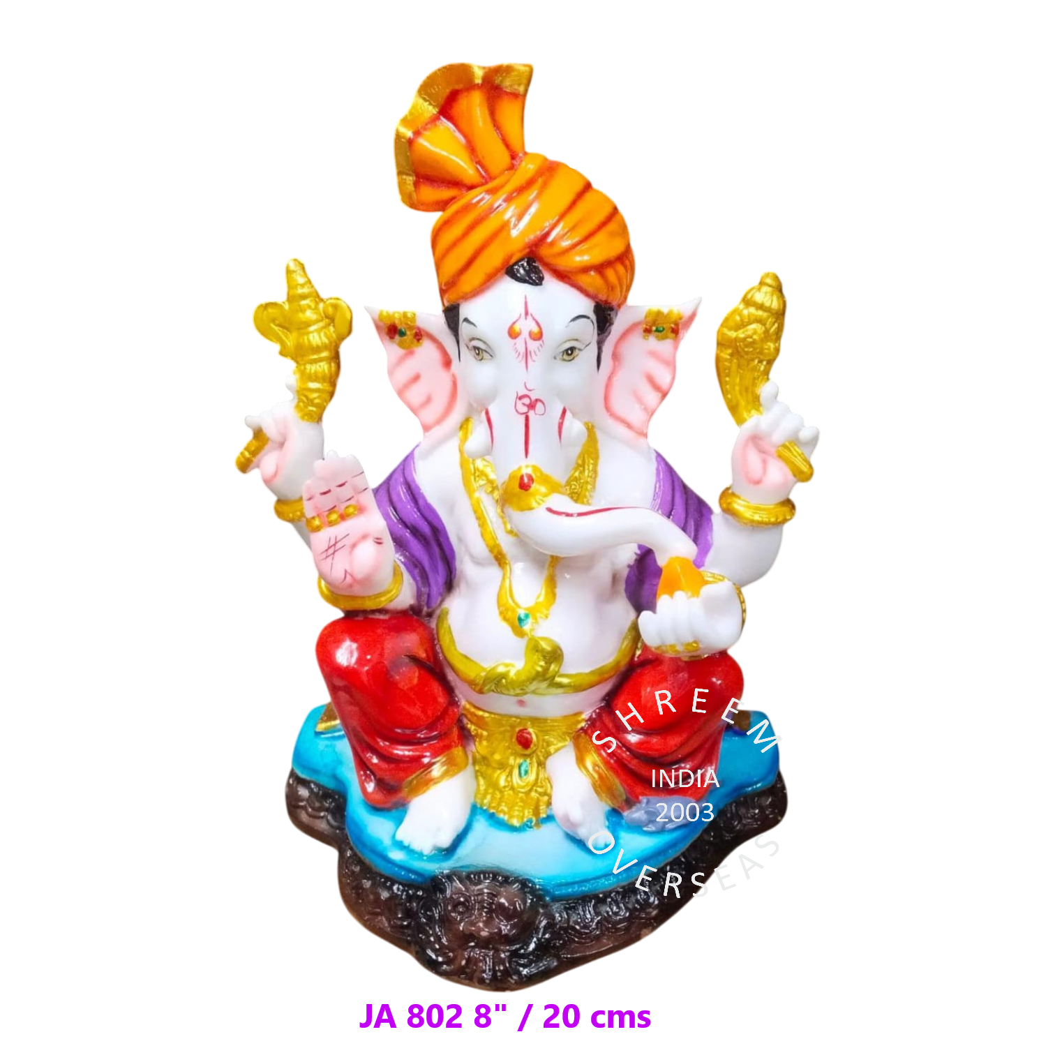 JA 802 - 8 INCH 8-inch traditional orange and purple Ganesha idol wearing a pheta turban for wholesale export to Australia and Fiji