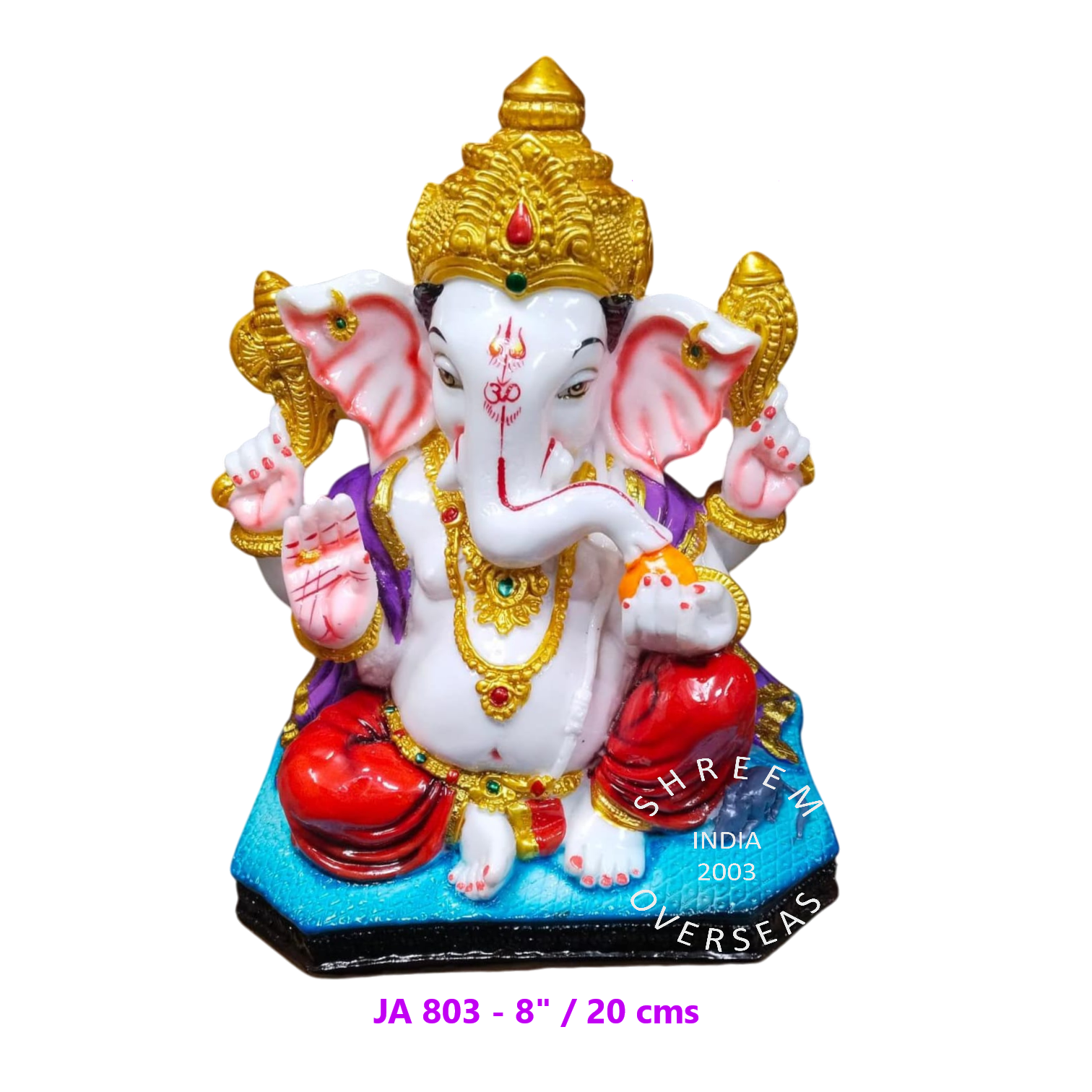 JA 803 - 8 INCH 8-inch traditional Ganesha idol with gold crown and purple shawl for wholesale export to Portugal and the United Kingdom.
