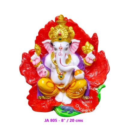 8-inch traditional Ganesha idol seated on a red lotus for wholesale export to Malaysia and Singapore.