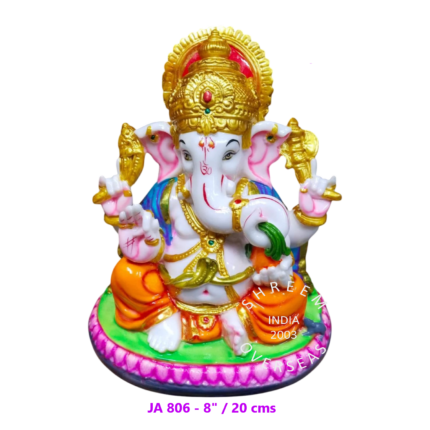 8-inch premium Ganesha idol with ornate golden halo (Prabhavali) and vibrant lotus base for wholesale export to USA and Europe.