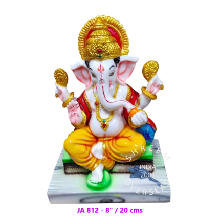 8-inch traditional Ganesha idol with golden crown and marble-finish resin base for wholesale export to Malaysia and Singapore.