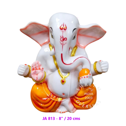8-inch minimalist white Ganesha idol with orange dhoti for wholesale export to Malaysia and Singapore