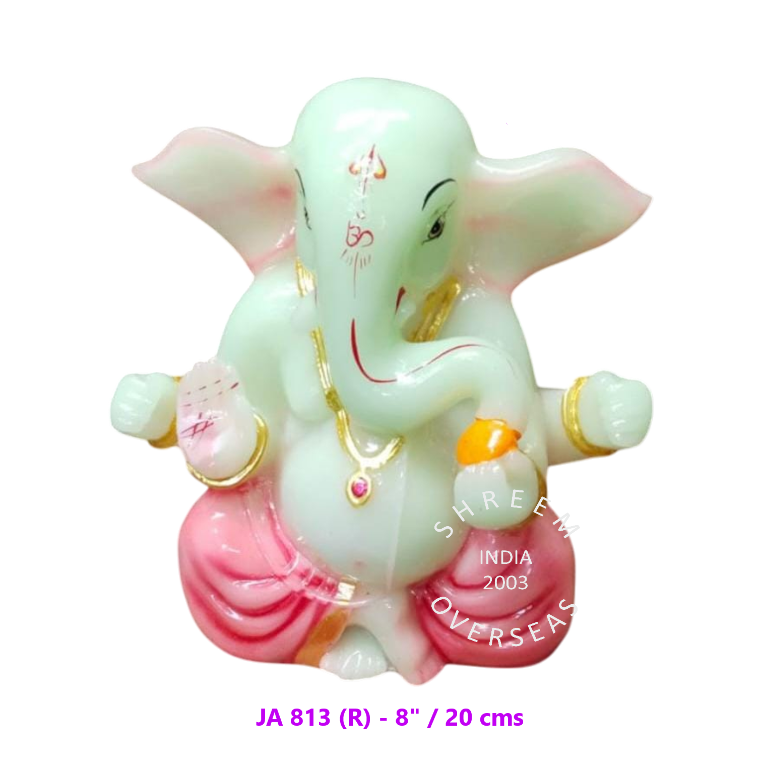 JA 813 (R) - 8 INCH 8-inch radium minimalist Ganesha idol with pink dhoti that glows in the dark for wholesale export to Malaysia and Singapore.