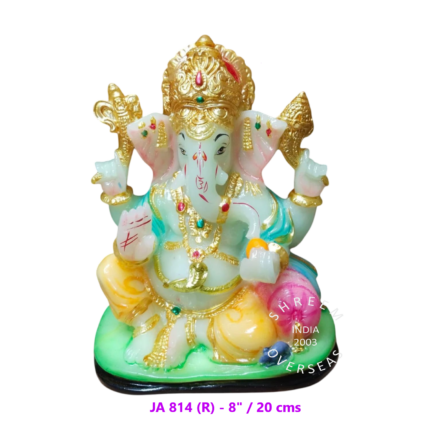 8-inch radium royal Ganesha idol with golden crown and teal shawl that glows in the dark for wholesale export to USA and Canada.