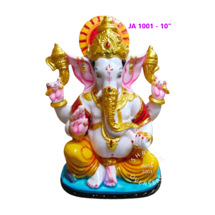 10-inch traditional Ganesha idol with golden crown and trunk for wholesale export to Malaysia and Singapore.