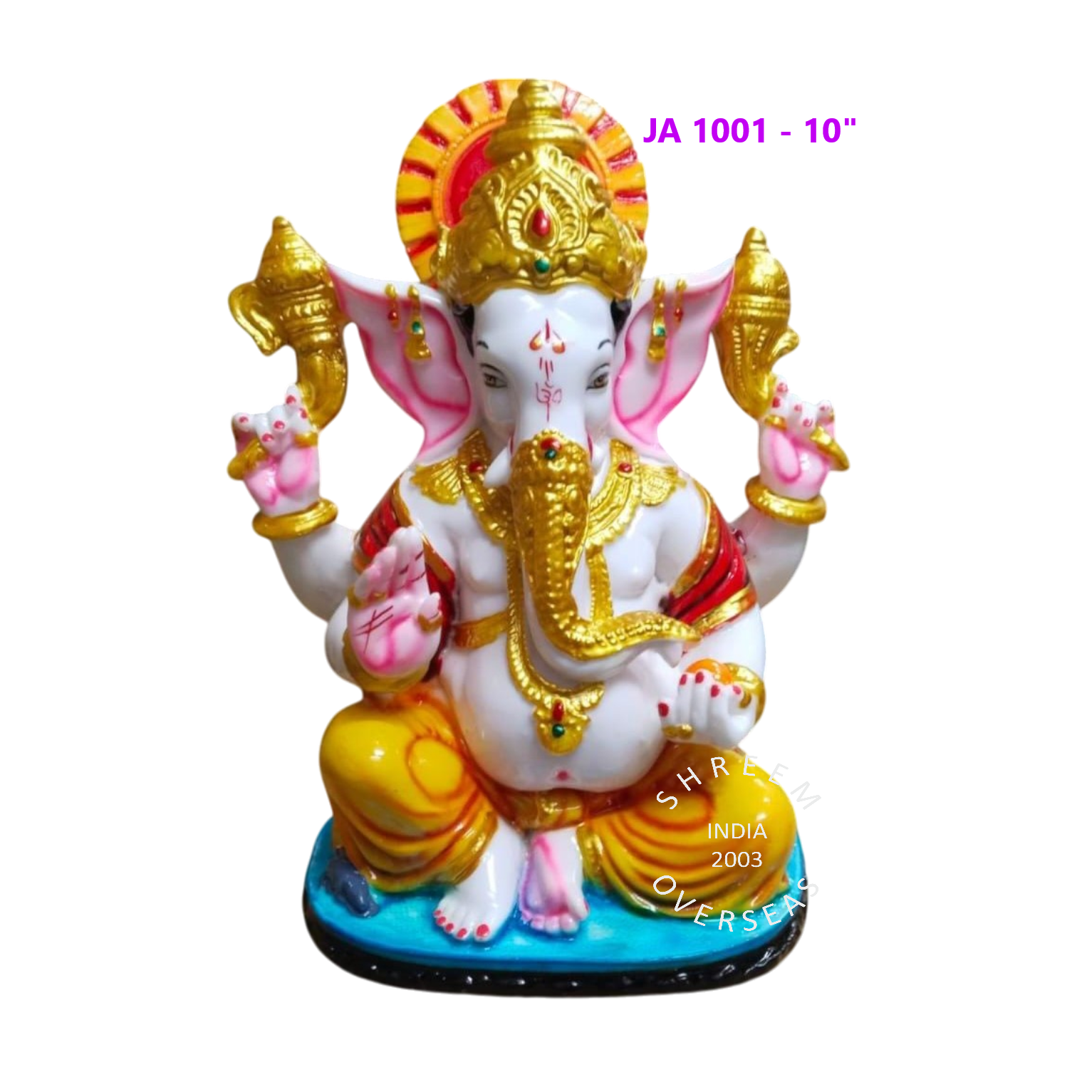 JA 1001 - 10 INCH 10-inch traditional Ganesha idol with golden crown and trunk for wholesale export to Malaysia and Singapore.