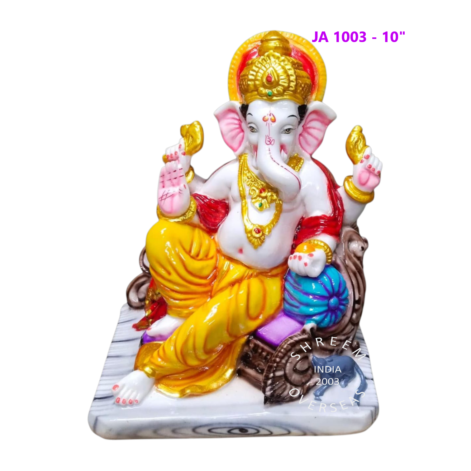 JA 1003 - 10 INCH 10-inch traditional Ganesha idol in royal Maharaja pose with golden crown and marble-finish resin base for wholesale export to USA and Canada.