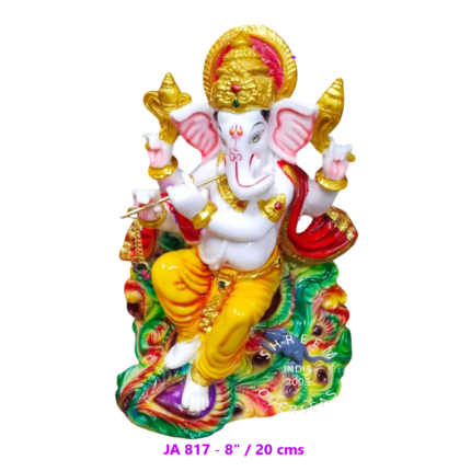 8-inch artistic Ganesha idol playing the flute on a colorful peacock feather throne for wholesale export to the USA and UK.