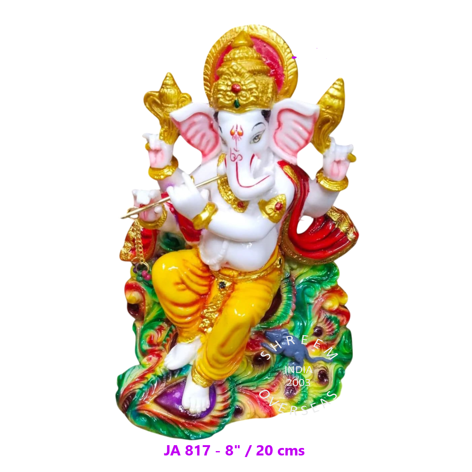 JA 817 - 8 INCH 8-inch artistic Ganesha idol playing the flute on a colorful peacock feather throne for wholesale export to the USA and UK.