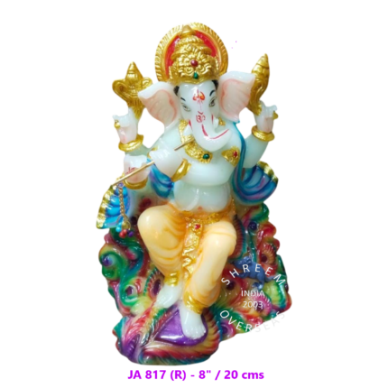 8-inch radium Ganesha idol playing the flute on a colorful peacock feather base that glows in the dark for wholesale export to USA and UK.