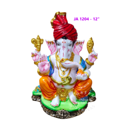 12-inch hand-made Pheta/turban Ganesha statue with antique-gold base for direct wholesale export from India.