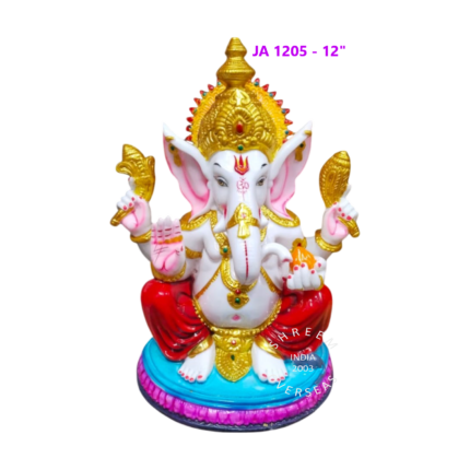 12-inch hand-made Ganesha statue with ornate golden crown, red dhoti, and sky-blue circular base for direct wholesale export from India.