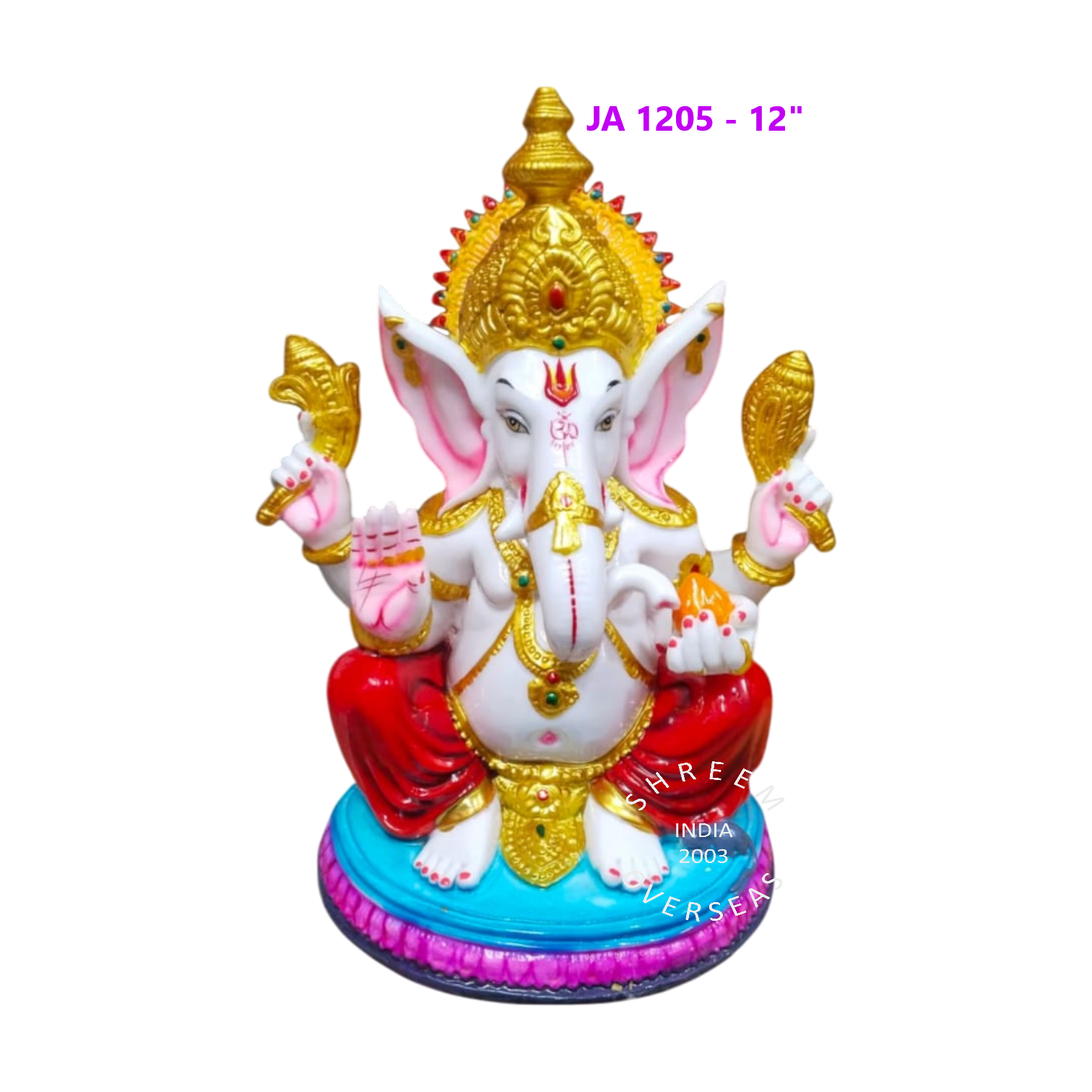 JA 1205 - 12 INCH 12-inch hand-made Ganesha statue with ornate golden crown, red dhoti, and sky-blue circular base for direct wholesale export from India.