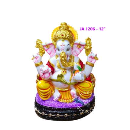 12-inch Lord Ganesha idol with gold crown and white marble finish, model JA1206, sitting on a purple base.