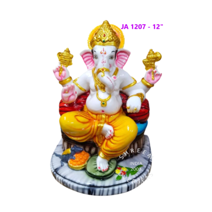 12-inch Lord Ganesha idol seated on a white and grey marble-patterned base, wearing yellow dhoti