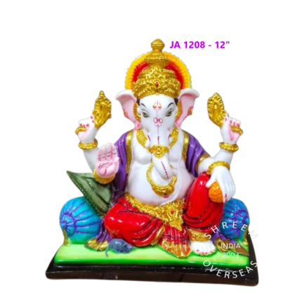 12-inch Varada Ganapati idol white body red dhoti purple shawl hand-painted resin murti Varada Mudra wholesale export India Shreem Overseas