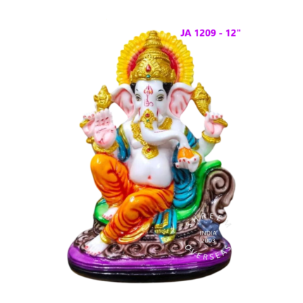 12-inch Ganesha idol with a bright yellow sun-style halo, orange dhoti, and teal shawl, seated on an ornate purple base, model JA1209.
