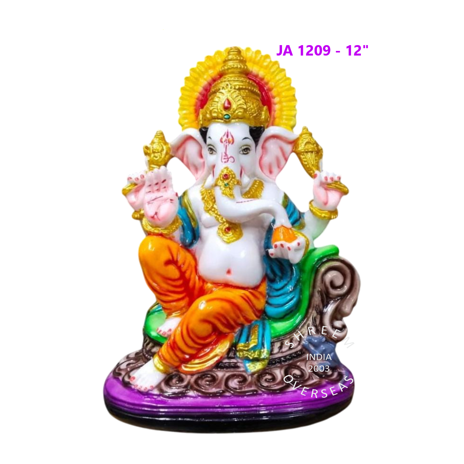 JA 1209 - 12 INCH 12-inch Ganesha idol with a bright yellow sun-style halo, orange dhoti, and teal shawl, seated on an ornate purple base, model JA1209.