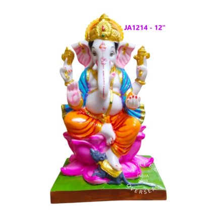 12-inch white Ganesha statue, orange dhoti, teal shawl, seated on a pink lotus flower with a green square base, model JA1214.