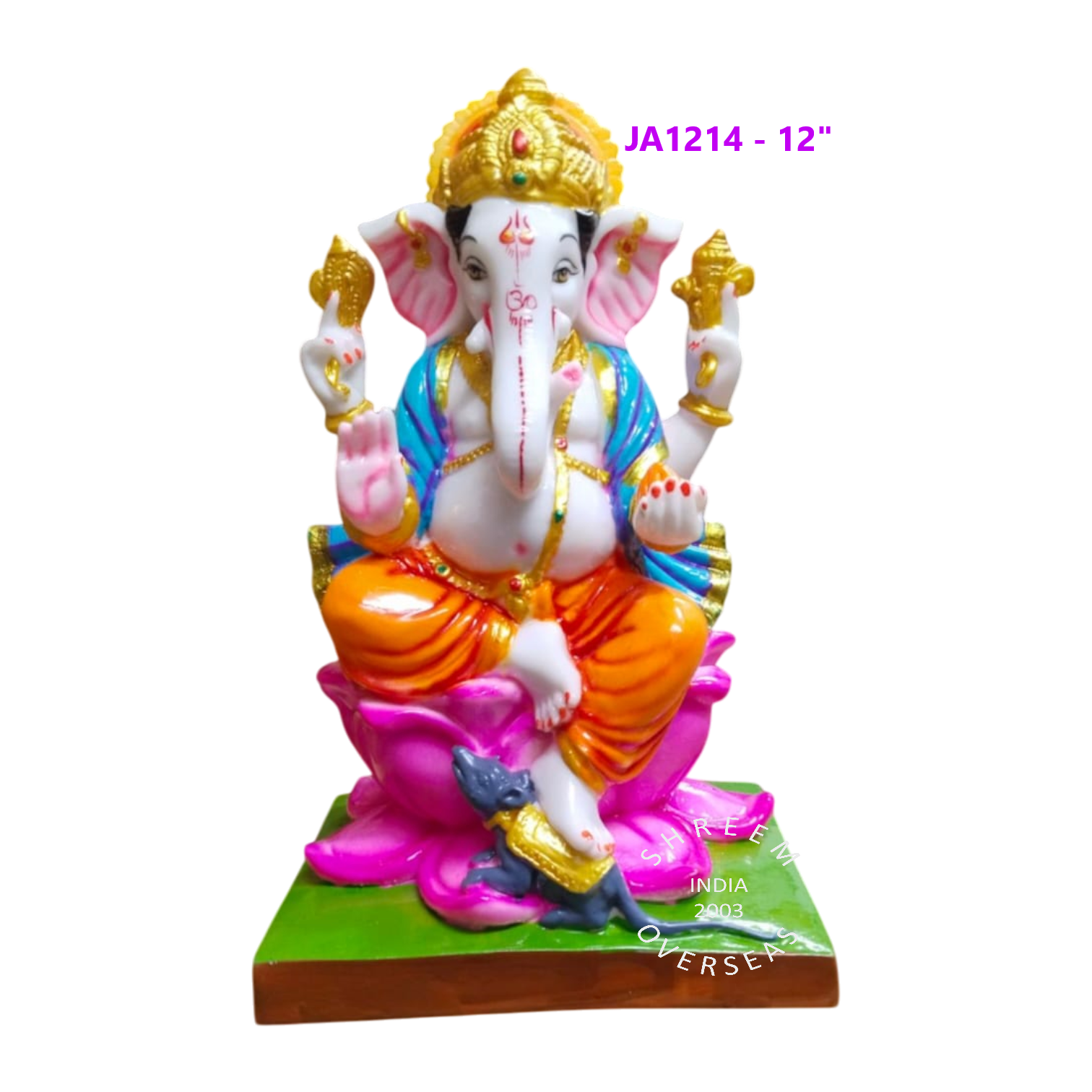JA 1214 - 12 INCH 12-inch white Ganesha statue, orange dhoti, teal shawl, seated on a pink lotus flower with a green square base, model JA1214.