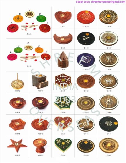 Wholesale decorative small wooden incense burners in heart and star shapes with mirror work for export to USA, Canada, Germany, Portugal, Spain