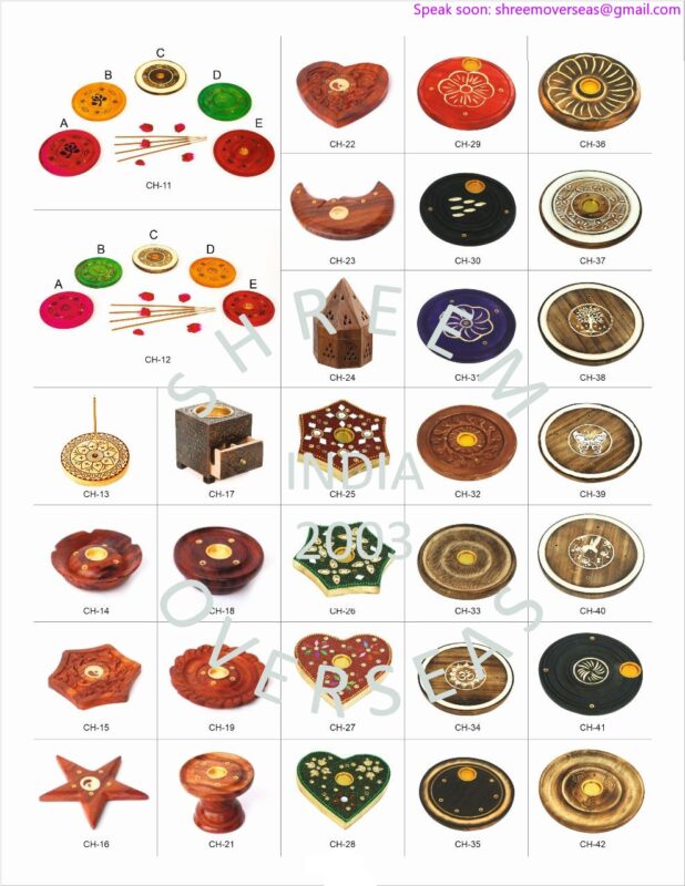 Wholesale decorative small wooden incense burners in heart and star shapes with mirror work for export to USA, Canada, Germany, Portugal, Spain