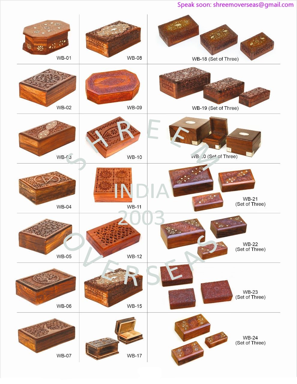 Wholesale hand-carved Sheesham wood keepsake boxes in sets of three for export from India to USA UK Canada Australia