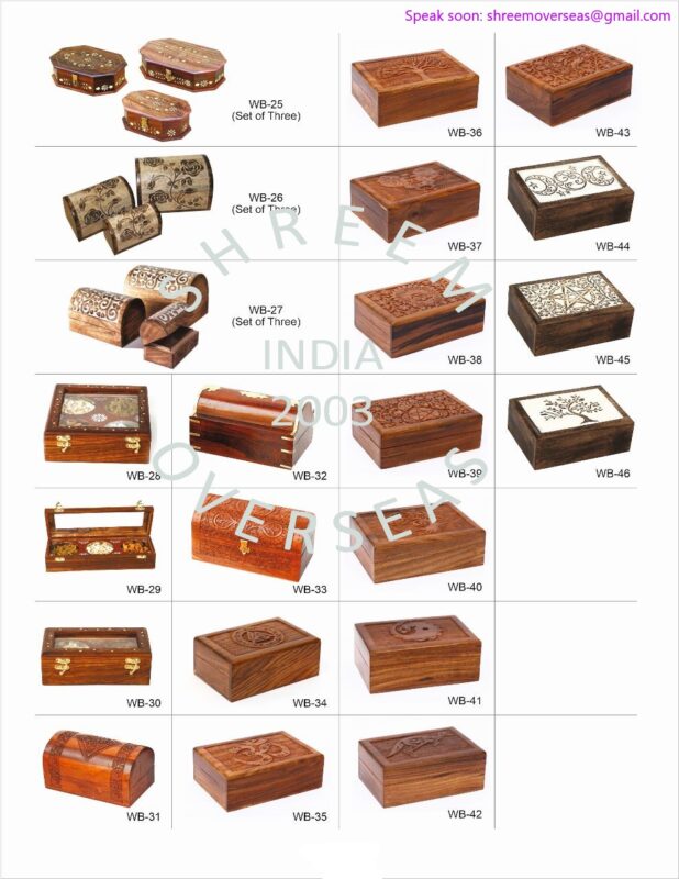 Wholesale wooden spice boxes with glass lids and hand-carved treasure chests for export from India to USA UK and Australia