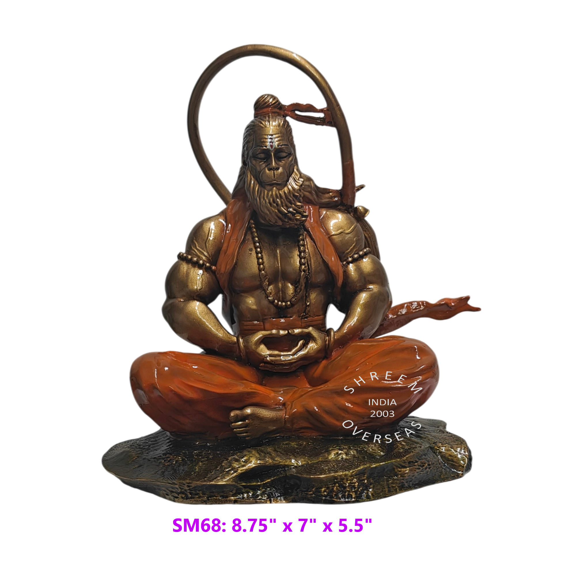 Meditating Hanuman Statue SM68 8.75" antique bronze finish and orange resin idol