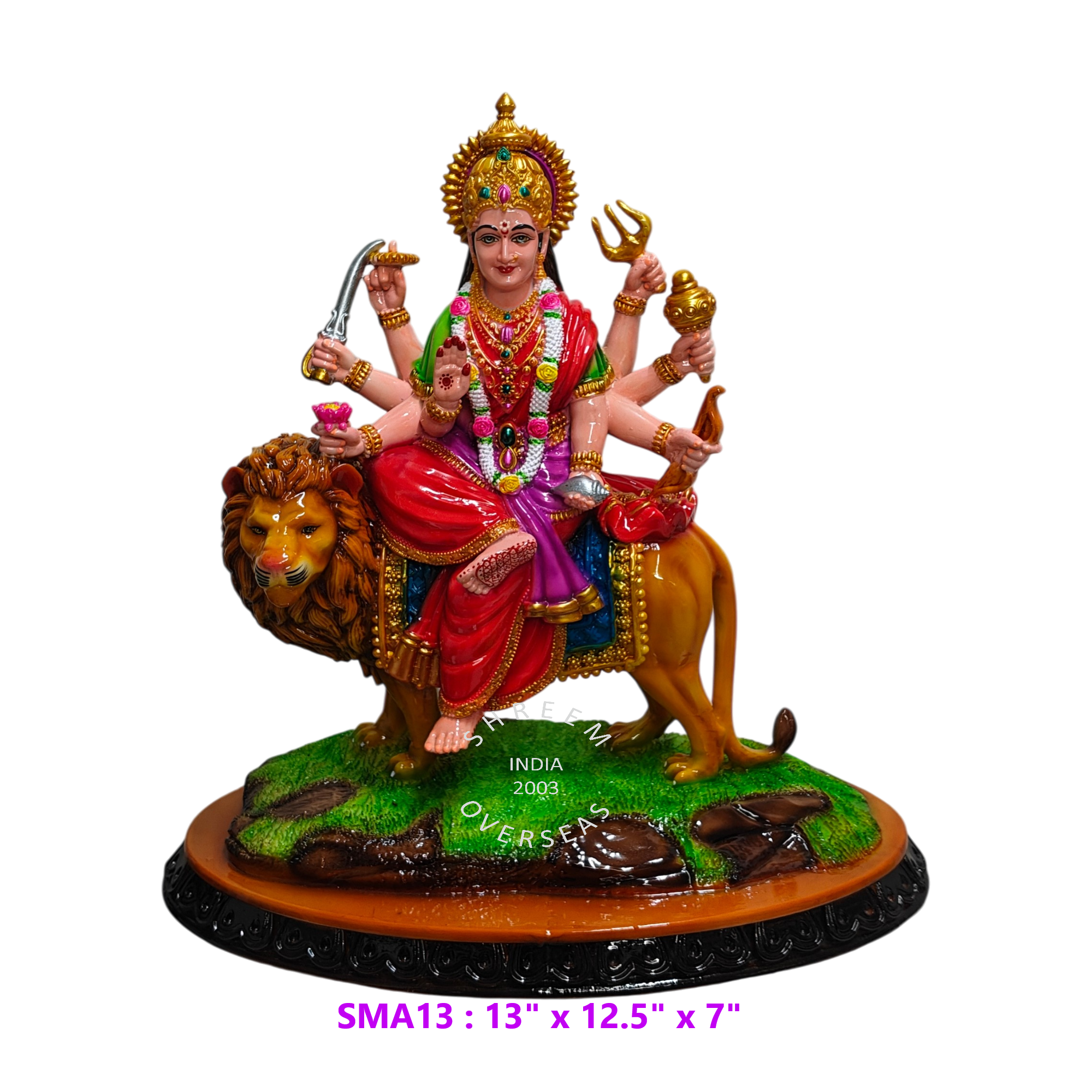 Goddess Durga on Lion Statue SMA13MN 13 inch multi color hand painted resin idol
