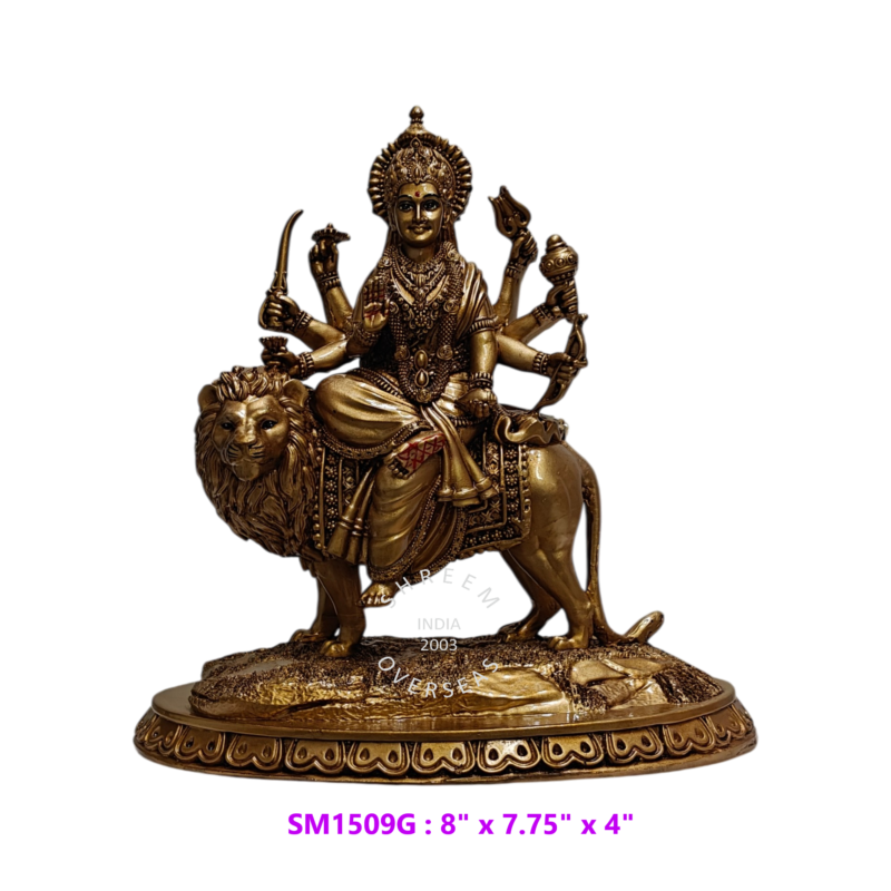 Goddess Durga on Lion Statue SMA1509G 8 inch antique bronze resin idol sitting on lion