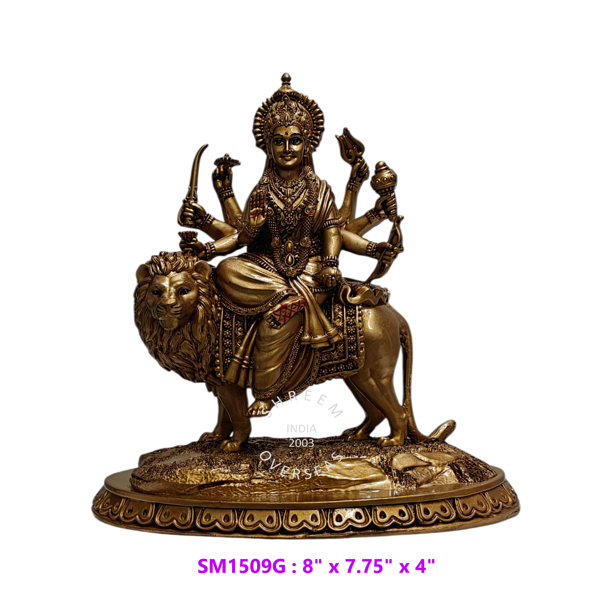 Goddess Durga on Lion Statue SMA1509G 8 inch antique bronze resin idol sitting on lion