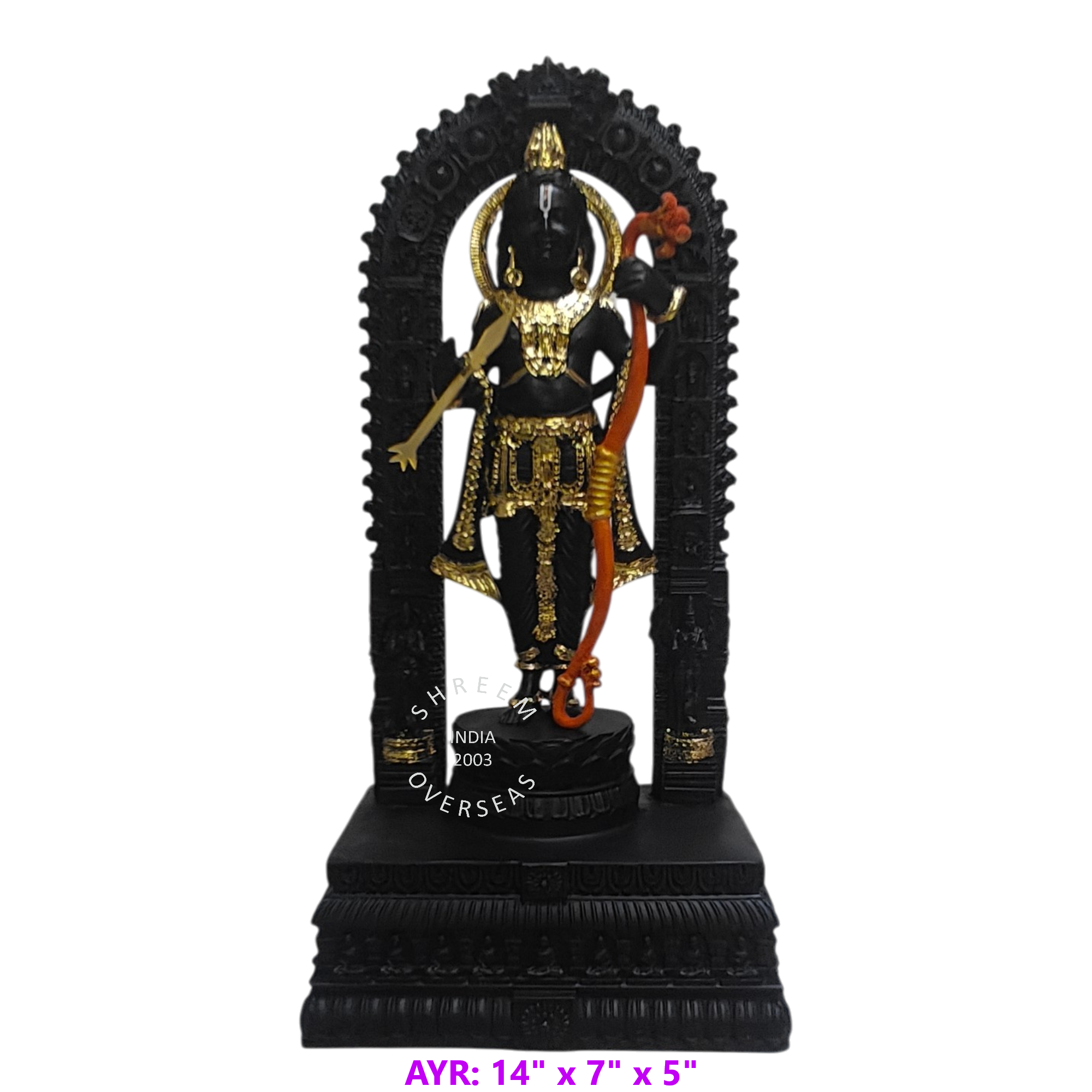 SMAYR10 (1) Ayodhya Ram Lalla Statue SMAYR10 14 inch black and gold resin replica murti front view