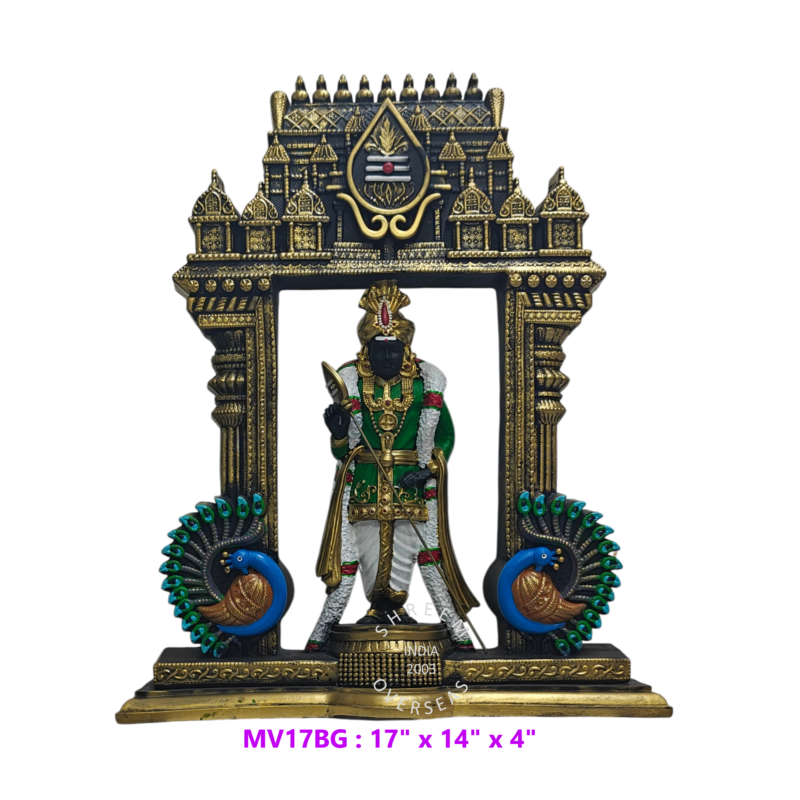 Lord Murugan with Peacock Gateway, 17 inch hand painted temple arch resin statue front view