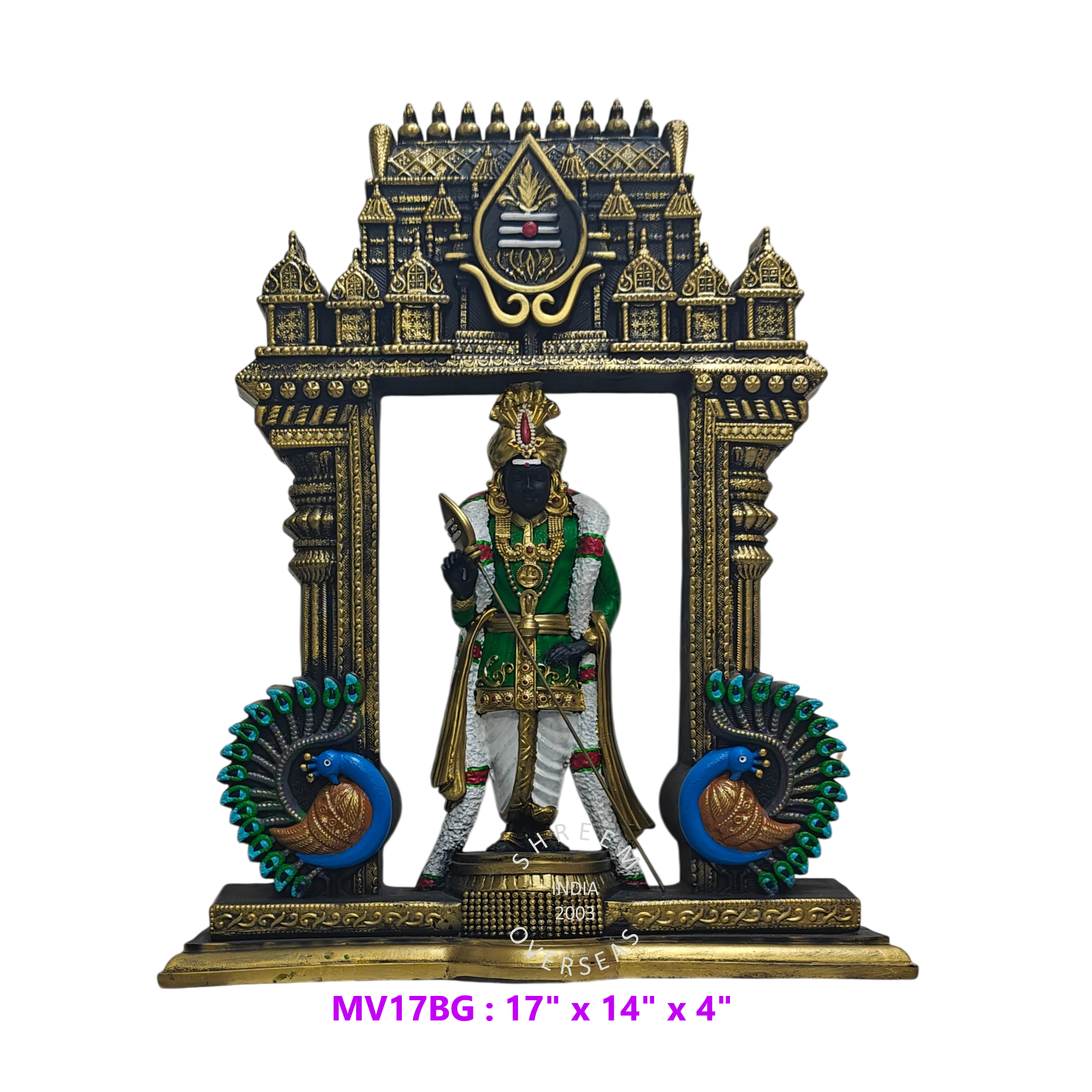 Lord Murugan with Peacock Gateway, 17 inch hand painted temple arch resin statue front view