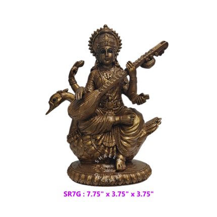 Goddess Saraswati on Swan Statue SMSR7G 7.75 inch antique gold resin idol playing veena front view