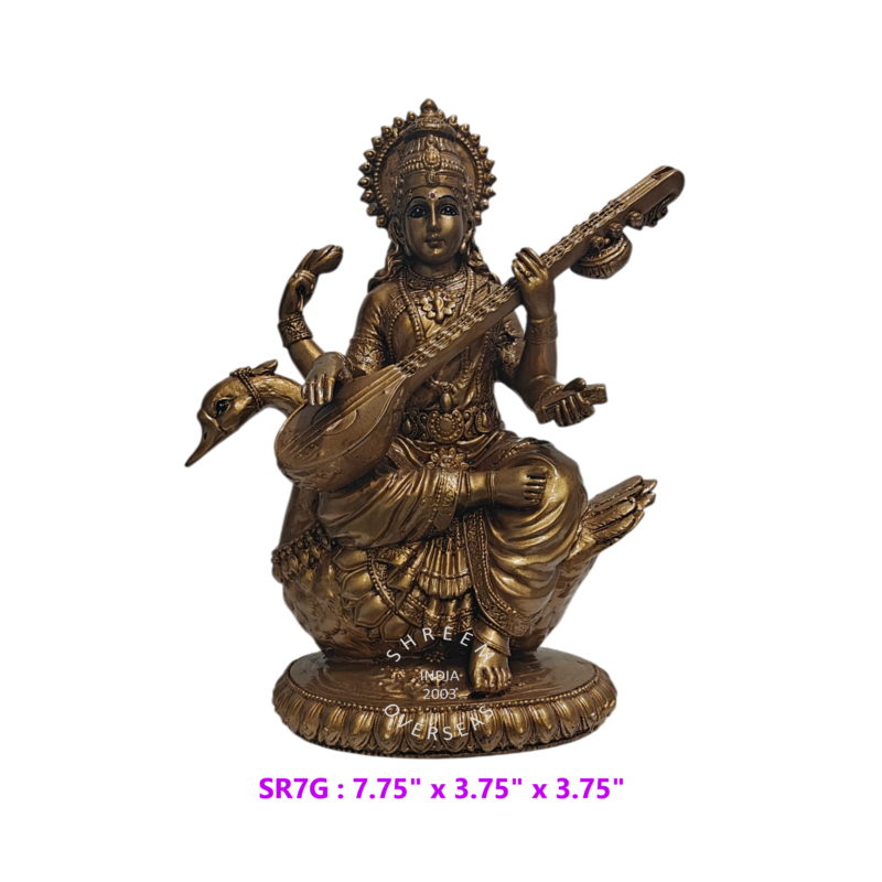 Goddess Saraswati on Swan Statue SMSR7G 7.75 inch antique gold resin idol playing veena front view