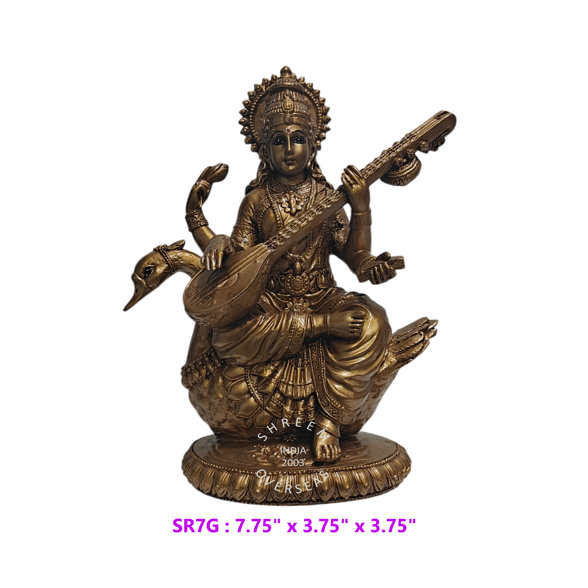 Goddess Saraswati on Swan Statue SMSR7G 7.75 inch antique gold resin idol playing veena front view